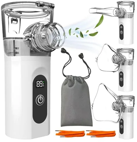 Aerosol Portatile Silenzioso, Ultrasuoni Macchina Aerosol Adulti e Bambini, Ricarica USB Apparecchio Aerosol, Nebulizzatore Aerosol con 2 Maschere e Boccaglio, per Uso Domestico e in Viaggio