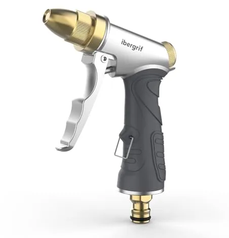 Ibergrif M20284 Pistola De Manguera De Jardín, Pistola de Agua a Presión con Boquilla de Latón Completa, Con Boquilla 4 Patrones De Riego, Para Lavar Coches, Mascotas, Regar el Jardín
