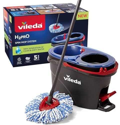 Vileda H2PrO Spin Sistema de Mopa, Doble Cámara de Separación de Agua, Escurrido sin Esfuerzo, Limpieza con Microfibra, Manos Libres, Diseño Ergonómico