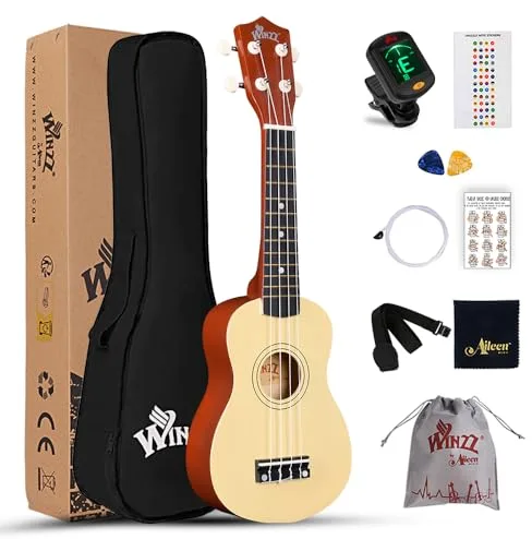 Winzz Kit de ukelele soprano para principiantes, con bolsa, afinador de clip, cuerdas adicionales, correa, púa, adhesivo para diapasón, tarjeta de acorde, paño de pulido