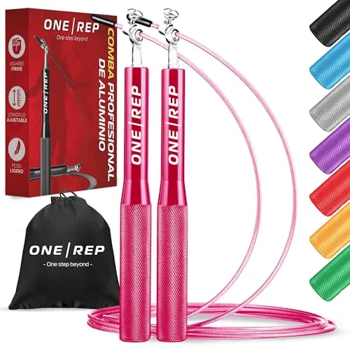 ONE REP | Comba Profesional de Aluminio Ajustable – Cuerda de Saltar para Crossfit, Boxeo y Fitness | Jump Rope Ligera y Rápida con Rodamientos 360° Antideslizante (Rosa)