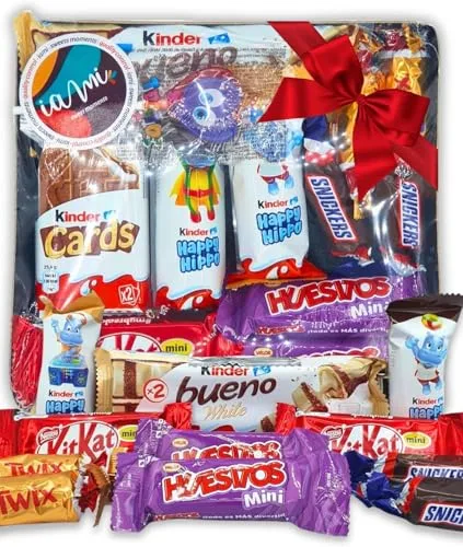 Cesta Regalo Chocolates Kinder, Kit Kat, Twix, Snickers - Bandeja Surtido 13 Chocolatinas Mini - Detalle para Celebraciones, San Valentín, Comunión