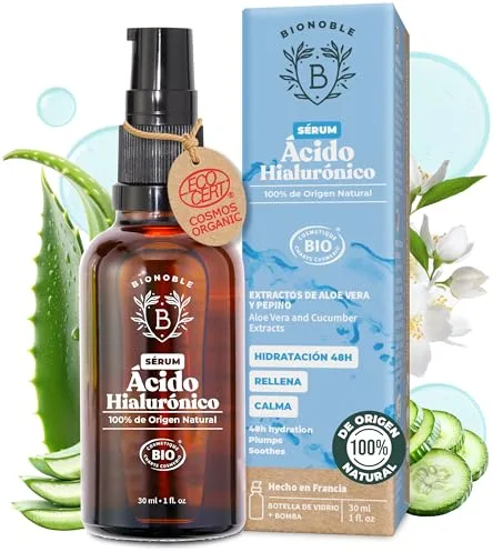 BIONOBLE Serum Facial Acido Hialuronico Orgánico - Antiarrugas Mujer, Hidratante Facial y Antiedad - Piel, Cara, Contorno de Ojos - Botella de Vidrio con Bomba - Serum Acido Hialuronico Vegano - 30ml