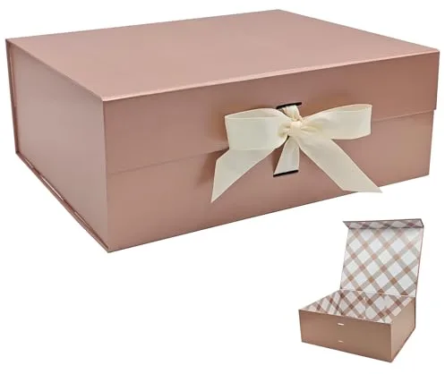 Tekhoho Caja de Regalos Grande Oro Rosa 33.5x27x12.5 cm, Caja de Regalos Premium con Tapa MagnéTica y Cinta para Embalaje de Regalos de Bodas y CumpleañOs, Forro a Cuadros