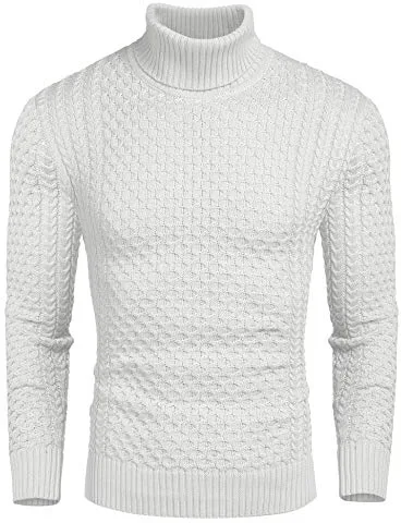 COOFANDY Jersey Hombre Cuello Alto Invierno Sueter Manga Larga Cuello Vuelto Jersey de Punto Sweater Ajustado Blanco L