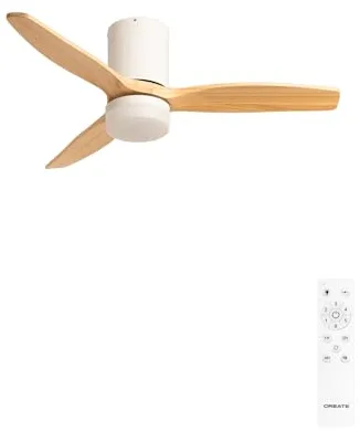 CREATE / WINDCALM S/Ventilador de techo ABS con luz blanco aspas efecto madera clara con mando / 40W, Silencioso, Ø112 cm, 6 velocidades, 3 temperaturas de luz, temporizador, función verano-invierno