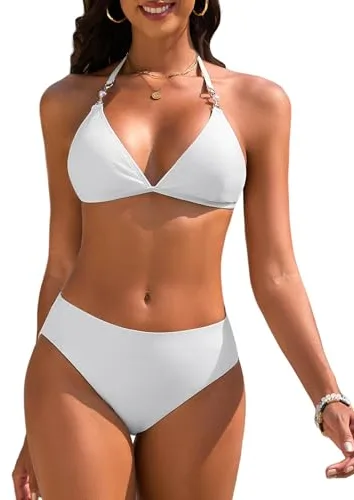 UMIPUBO Mujer Bikini Triángulo Traje de Baño 2 Piezas Sexy con Cuello en V Bañadore Conjunto Brasileño Halter Cintura Baja Tie De Dos Piezas con Perlas Playa