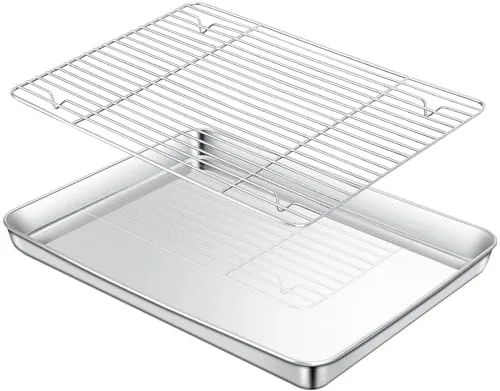 Cozary Bandeja De Horno Acero Inoxidable con Rejilla de Enfriamiento 40x30x2.5cm, 304 Acero Inoxidable, Rectangular Para Tartas y Hornear, Galletas, Pizza
