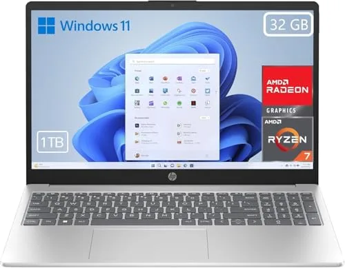 HP 15-fc0243ns - Ordenador portátil de 15.6" FHD (AMD Ryzen 7-7730U, 32 GB RAM, 1TB SSD, AMD Radeon Graphics, Windows 11) Plata y Azul - Teclado QWERTY Español