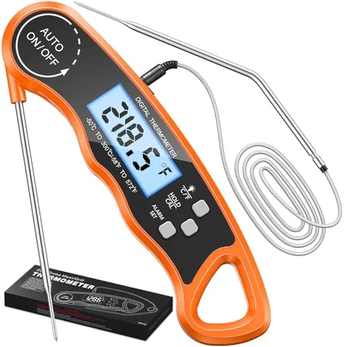 CIRYCASE Termometro Cocina, Termometro Horno Digital de Lectura Rápida & Precisa con 102cm Sonda de Alambre, Calibration & Pantalla LCD, Termometro Barbacoa para Carne, BBQ, Comida, Horno, Liquidos