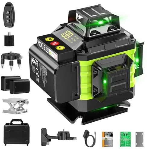 Nivel Laser Autonivelante 360 Grados, Nivel Láser Verde 16 Líneas, 2 x 360 Horizontal y 2 x 360 Verticales, 2 x Batería, Montaje en Pared, Control Remoto, Base Magnética, Soporte Giratorio