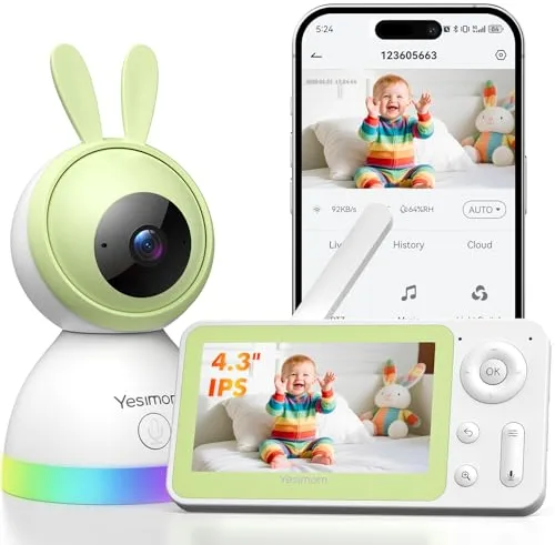 YESIMOM Camara Vigilancia Bebe Portátil 1080P con Pantalla 4.3" IPS: Luz Nocturna de Colores, Seguimiento Automático, Alarma de Área, App Remota y 360° PTZ - Ideal para Noche y Viajes (Color Verde)
