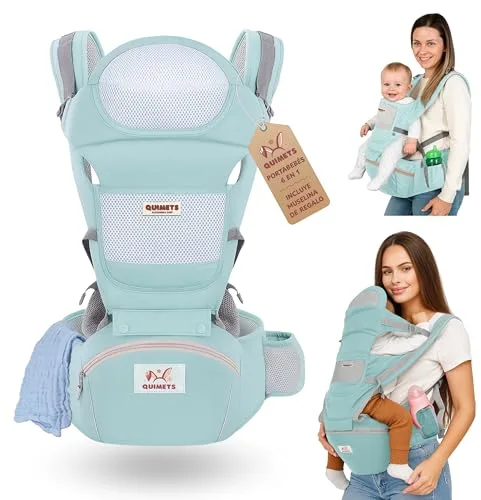 QUIMETS | Mochila Portabebés 6 en 1 Recién Nacido Transpirable y Ergonómica – Suave, Ligera e Ideal para Largos Paseos – Ajuste Cómodo para Mamá y Papá – Incluye Muselina de Regalo