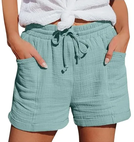 riou Pantalones Cortos Mujer Verano Frescos Lino Algodon Cintura Elástica y Cordón Ajustable Casual Bolsillos Bermudas Elegante Pantalones Cortos Sueltos para Playa Diario Yoga