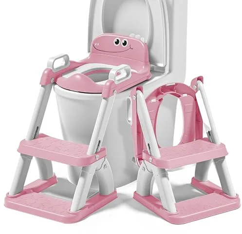 Adaptador WC para niños con escalera antideslizante – Reductor inodoro infantil plegable con asiento acolchado y asas – Asiento de entrenamiento baño para niños y niñas