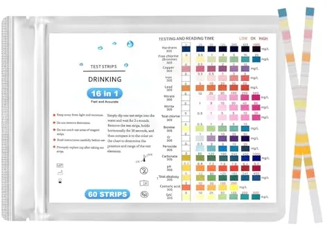 OMCGG 16 en 1 Tiras de prueba de agua potable, 60 Pruebas para la calidad del agua Prueba de dureza del agua potableAnálisis rápido PH Metales Pesados Nitrato Cloro Dureza para Grifo Acuario Piscina