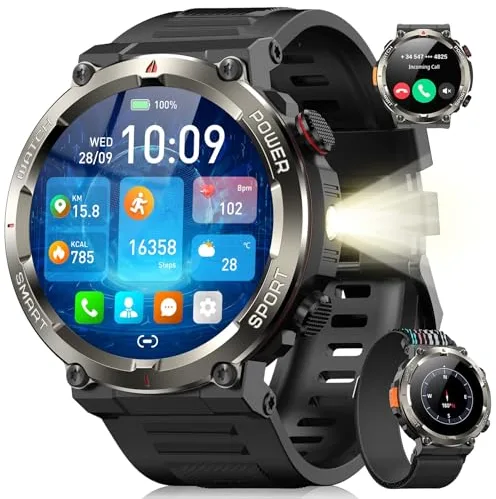 Blackview Reloj Inteligente Hombre con Linterna y Brújula, 1,45" Smartwatch con Llamadas Bluetooth, Pulsómetro, Oxímetro, Monitor de Sueño, Podómetro, 100+ Modos Deportivos, Batería Grande de 960 mAh