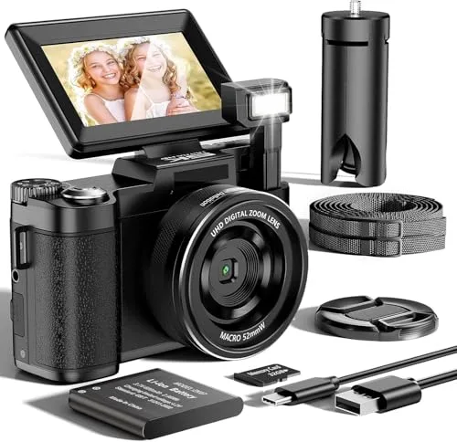 Camara de Fotos 5K 64MP Zoom Digital 18X Camara Digital Enfoque Automático, Pantalla IPS de 3" 180°, Camara Vlogging con Tarjeta de Memoria de 32GB, Batería de 800mAh, Ideal para Principiantes Jóvenes