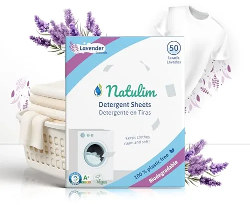 Natulim - Detergente en Tiras para Lavadora (50 Lavados) - Incluye Suavizante, Ecológico, Hipoalergénico, Made in Spain - Ropa limpia y suave sin ensuciar el Planeta (Fragancia Lavanda)