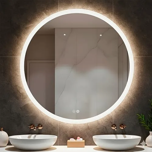 Marctani Espejo Baño con Luz LED Regulable - Espejo Redondo 60 cm con Antivaho e Interruptor Táctil - Espejos de Baño con Brillo Ajustable y Función Memoria, Retroiluminado (60 x 60 CM)