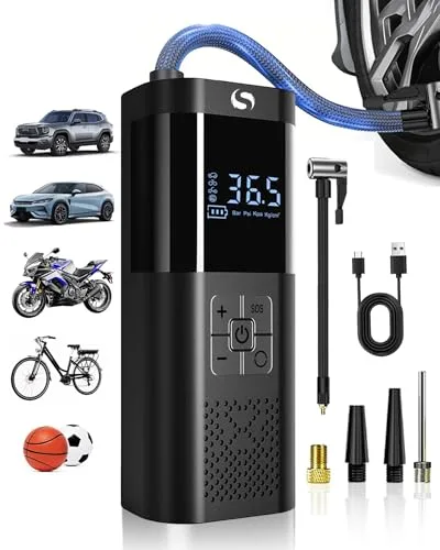 SERVOMASTER Compresor Aire Portatil, Inflador Ruedas Coche 150PSI, Inflador Electrico con Función de Parada Automática, Compresor Aire Coche, Pantalla Digital y Luz LED, para Coche Moto Bicicleta Bola