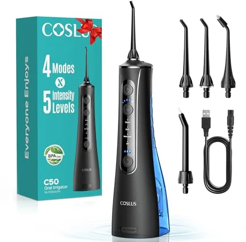 COSLUS Irrigador Dental Bucal Portatil: 4 Modos y 20 Presión - IPX7 Irrigador Bucal Inalámbrico para Salud Bucal Braces Encías Sensibles -Limpieza Dental de Viaje Hogar con 4 Boquillas -Negro Oscuro