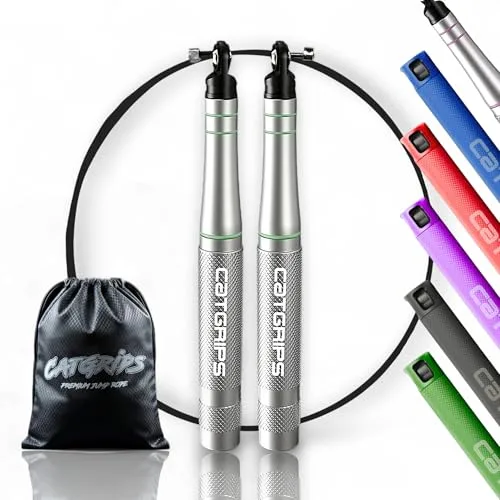 Comba Crossfit de Aluminio Premium – CATGRIPS – Cuerda de Saltar Rápida para WODs, Comba Boxeo y Fitness – Ultra Ligera – Incluye Cable Ajustable Antienredos y Bolsa de Transporte (Plata)