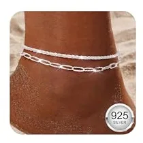 Diamday Tobillera de Plata Oro para Mujer Tobilleras Plata de Ley 925 Ajustable Delicadas Cadena Impermeable Pulseras Tobilleras Set Playa Joyas Tobillera en Capas para Mujer