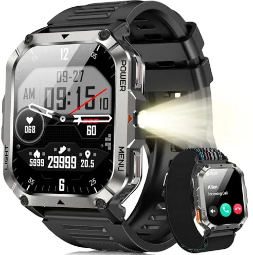 Blackview Reloj Inteligente Hombre Militar - Linterna y Brújula, 2.01"Smartwatch Hombre con 100+ Modos Deportivos, Llamadas Bluetooth/Notificación, Pulsómetro/Oxímetro/Sueño, Pulsera Actividad(Negro)