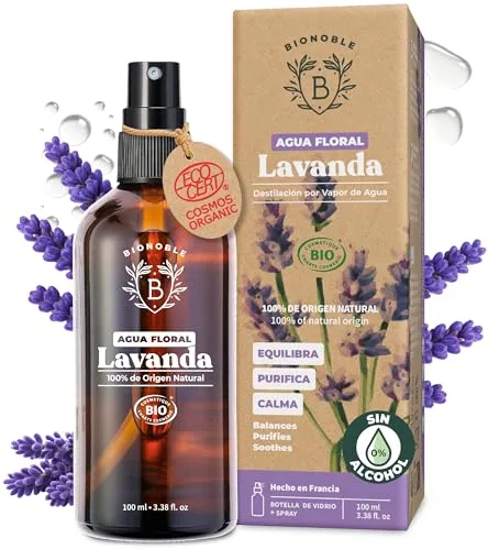 BIONOBLE Hidrolato de Lavanda Orgánico - Calma, Purifica y Regula el Acné - Agua de Lavanda para Rostro, Cuerpo y Cabello - 100% de Origen Natural, Sin Alcohol - Botella de Vidrio con Spray - 100ml