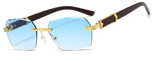 MEGAVOW Rectangulares Sin Montura para Hombre Mujer, Correa Gafas, Corte de Diamante Lente, Patillas de Madera, Gafa Lente Tintadas, Protección UV400, Moda Gafas de Sol Clásicas