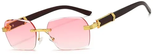 MEGAVOW Rectangulares Sin Montura para Hombre Mujer, Correa Gafas, Corte de Diamante Lente, Patillas de Madera, Gafa Lente Tintadas, Protección UV400, Moda Gafas de Sol Clásicas