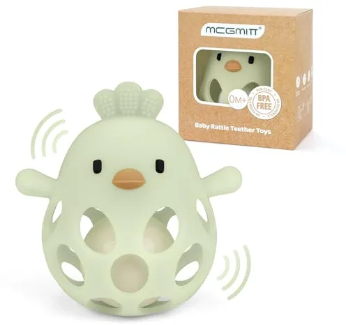 MCGMITT Mordedor de silicona con sonajero – Pelota de agarre flexible en forma de pollito libre de BPA suave y fácil de sostener juguete Montessori para aliviar la dentición de bebés de 3 meses–Verde