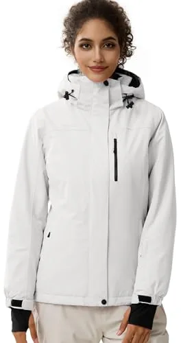 FREE SOLDIER Chaqueta de Esquí Impermeable para Mujer Forrada de Forro Polar Abrigada Invierno Lluvia con Capucha Costuras Completamente Selladas,(Blanco,XL)