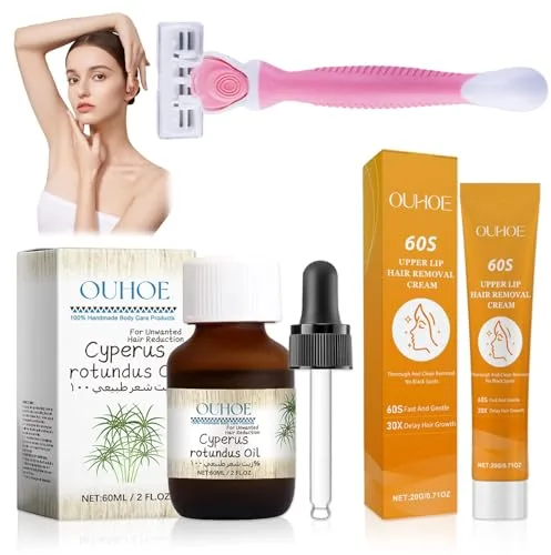 2 Piezas Cyperus Rotundus Oil, con Crema Depilatoria Facial Mujer, Aceite Puro de Cyperus Rotus, Reduce el Crecimiento del Vello Corpora, para Brazos, Piernas, Axilas