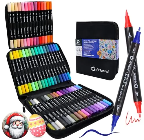 Artecho Marcadores de pintura acrílica de 48 colores con bolsa, bolígrafos de pintura acrílica con punta de pincel y punta fina para piedra, pintura de roca, papel, calabaza, madera, huevo, lienzo