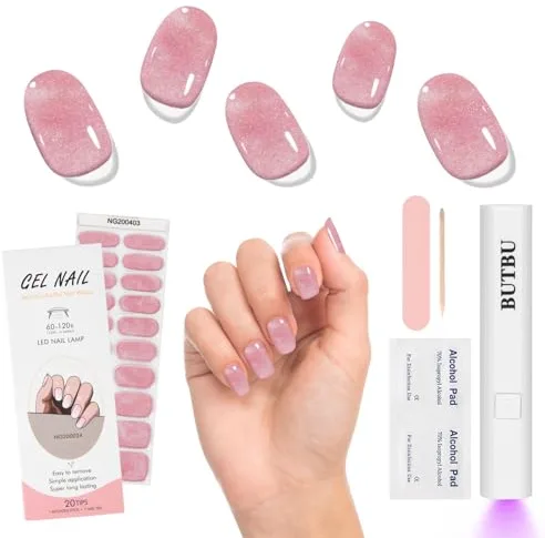 BUTBU Uñas de Gel Pegatinas Semicuradas con Mini Lámpara UV y Lima - Kit de Manicura DIY Flash Pink