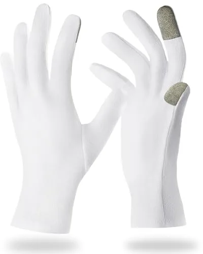BUTBU Guantes Hidratantes Durante La Noche, 5 Pares Guantes Algodon Dermatologicos, Guantes Algodón para Pantalla Táctil Para Manos Secas Eccema Guantes De Tratamiento De Spa De Manos, Blanco
