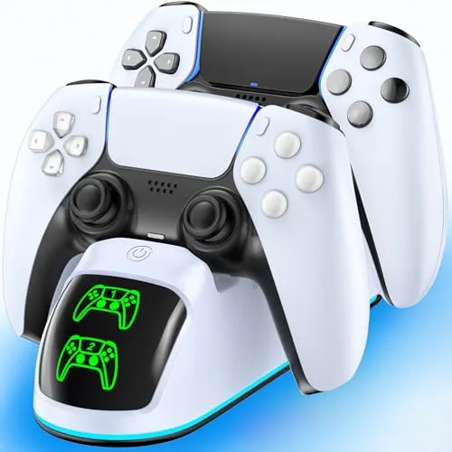 RGB Base de Carga para PS5, 2H Rápido Cargador de Mando PS5 Originales & Edge, Placas Frontales con Iluminación LED & RGB, Estación de Carga para PS 5 - Blanco