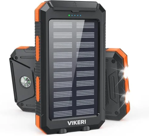 Vikeri Cargador Solar de 9000 mAh, Power Bank Solar Impermeable, Puerto USB-C de Carga Rápida, 4 Salidas, Compatible con Smartphones, Tablets, etc. (Naranja Oscuro)