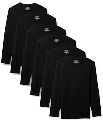 Amazon Essentials Camisetas Interiores de Algodón con Cuello Redondo, Básicas, Versátiles y Suaves Hombre, Pack de 6, Negro Manga Larga, M