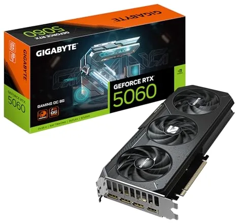 GIGABYTE GeForce RTX 5060 Gaming OC 8G Tarjeta Gráfica - 8GB GDDR7, 128bit, PCI-E 5.0, 2595 MHz Frecuencia del núcleo, 3 x DisplayPort, 1 x HDMI, GV-N5060GAMING OC-8GD