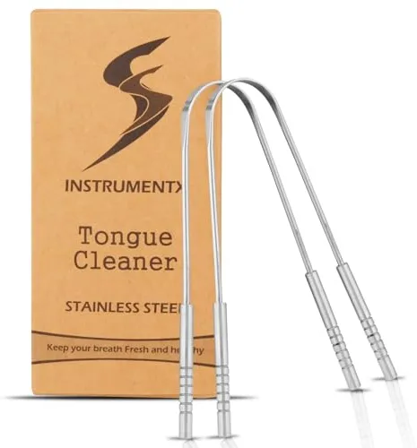 SS INSTRUMENTX Raspador de lengua con estuche de viaje, 2 piezas, limpiadores de lengua flexibles en forma de U de acero inoxidable para aliento fresco y cuidado bucal, raspadores de lengua