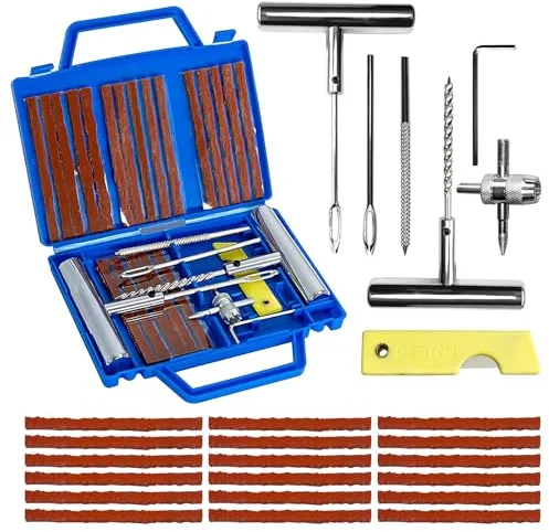 27PCS Kit Repara Pinchazos para Coche/Moto/Caravana, Kit antipinchazos neumático, Arreglar pinchazos en 3 Minutos, Mechas + Accesorios completos, Compacto para Maletero, Fácil Uso sin Experiencia