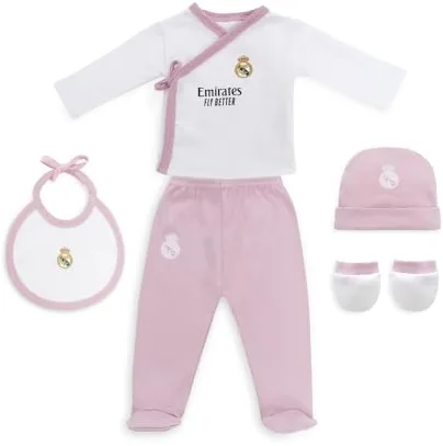 Interbaby - Set Regalo 5 Piezas del Real Madrid - Primera Puesta Bebé Recien Nacido - Compuesto por Gorro, Camisa, Polaina, Manopla y Babero. Edad 0-6 meses.