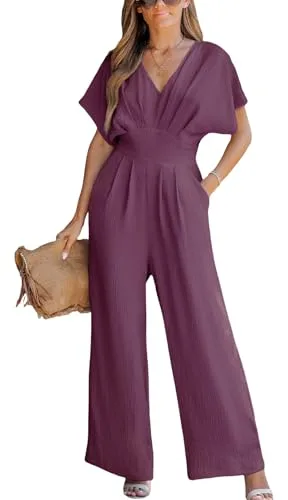 CUPSHE Mono de verano para mujer, largo, con cuello en V, manga corta dolman, holgado, de pierna ancha, traje de una pieza de playa de fiesta casual, Morado (, XL