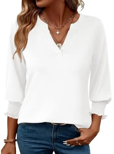 Rapbin Blusa para mujer de manga 3/4 con cuello de pico, túnica, holgada, elegante, informal, Blanco, L