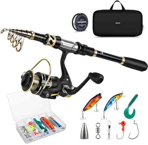 Gonex Caña y Carrete Combos de Pesca, Vara de Pescar Telescópica Sedales Anzuelos Cebos Señuelos Bolsa, 2,4