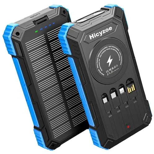 Banco de Energía Solar, Cargador Portátil de 26800mAh con 4 Cables Integrados, Cargador Solar con Carga Rápida USB-C, Carga Inalámbrica Qi con Linternas LED, para Celulares, Tabletas y Camping.