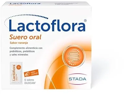 Lactoflora, Suero Oral, Complemento Alimenticio con Probióticos, Prebióticos y Sales Minerales, Hidratación y Equilibrio Digestivo, 6 Sobres Sabor Naranja, 10 g (Paquete de 1)